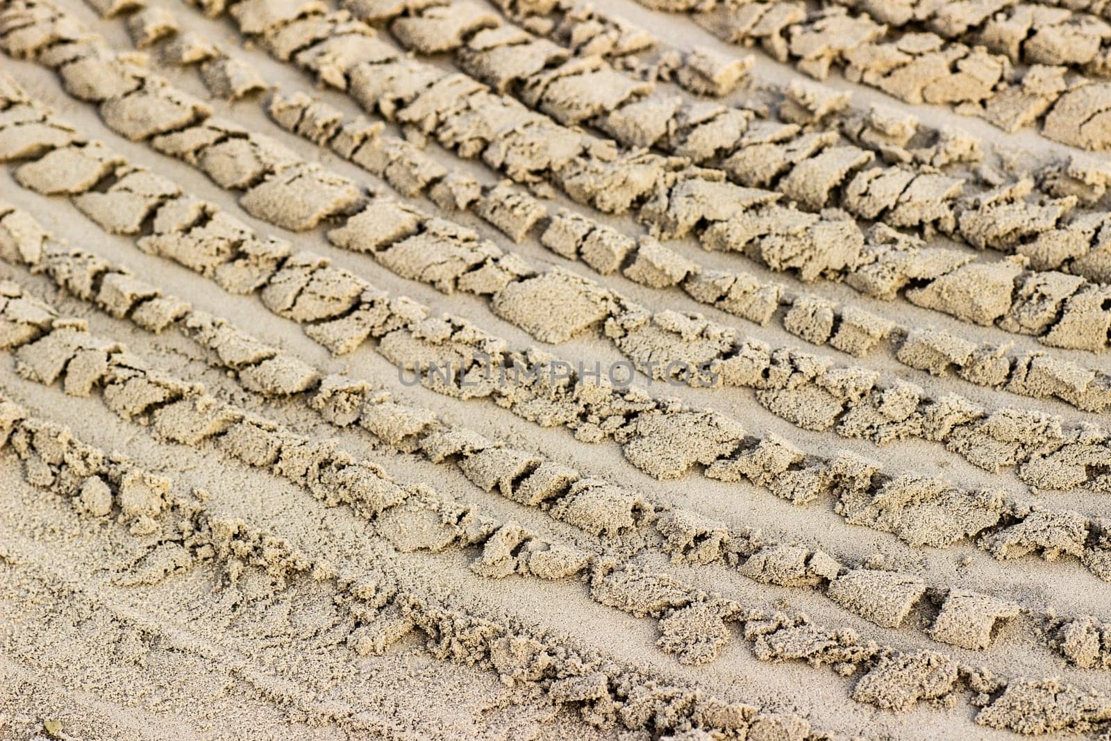 Trail from the tractor in the sand ground on the nature outdoors. Texture, background, sample