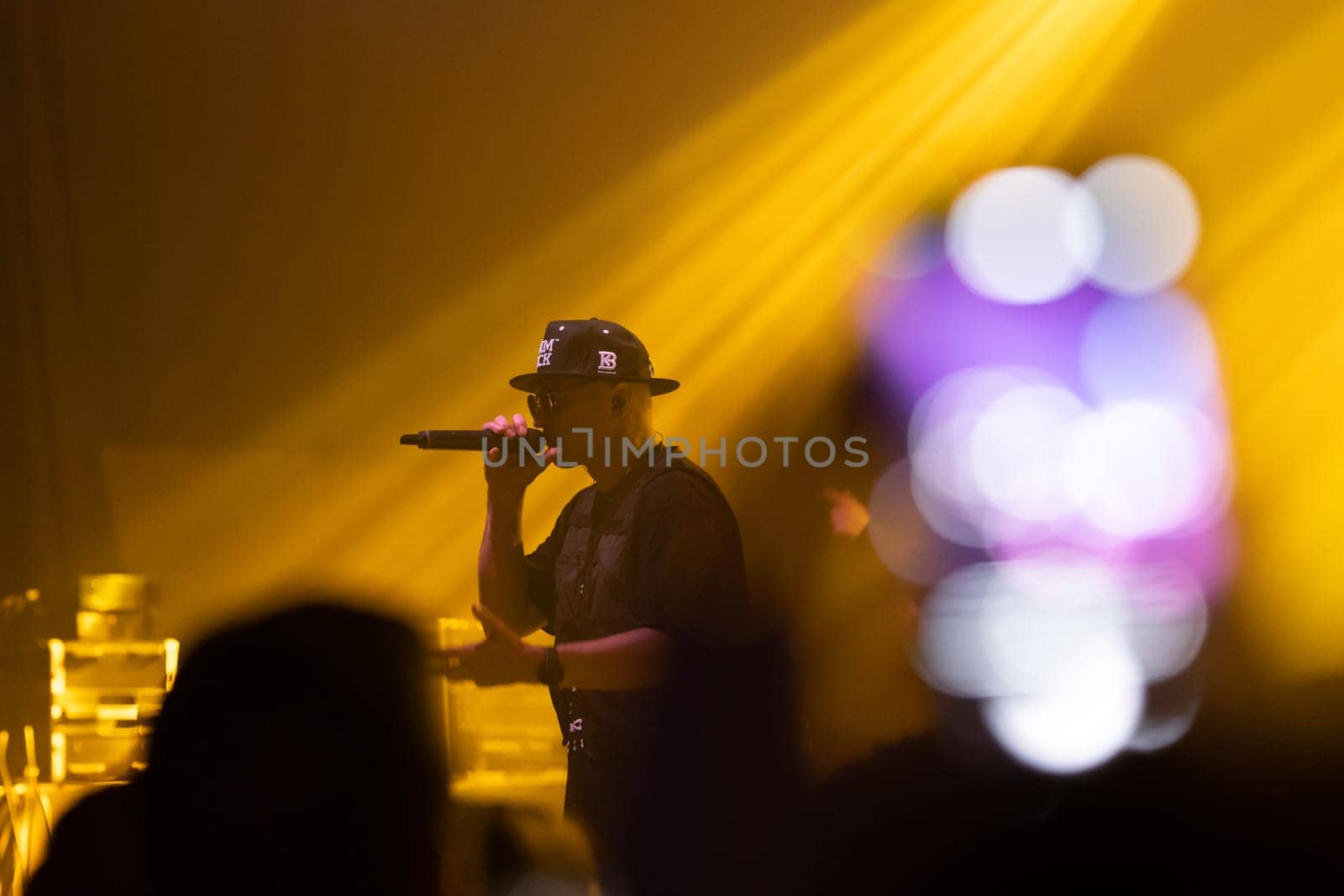 22 April 2023 Lisbon, Portugal: the concert of the band Kasta - Vladi - one of the members rapping on stage. Mid shot