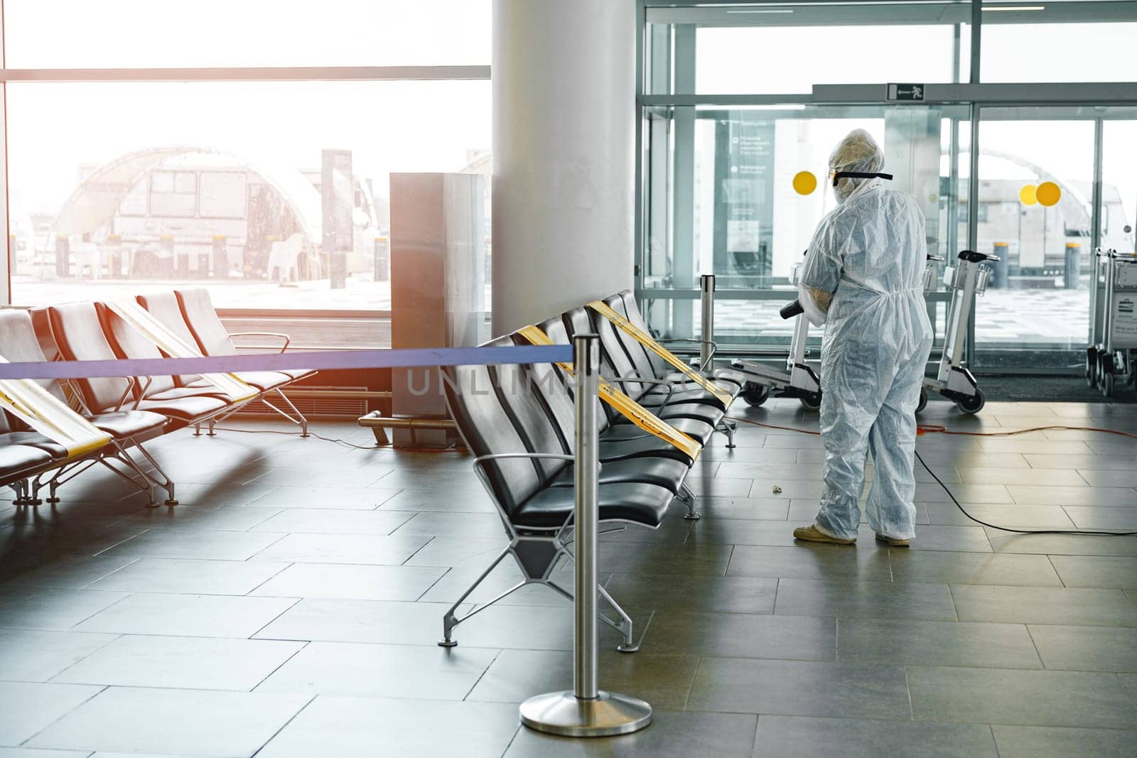 ROSTOV ON DON, RUSSIAN FEDERATION, MARCH, 2021: Sanitary disinfection of airport building preventing the spread of coronavirus infection view