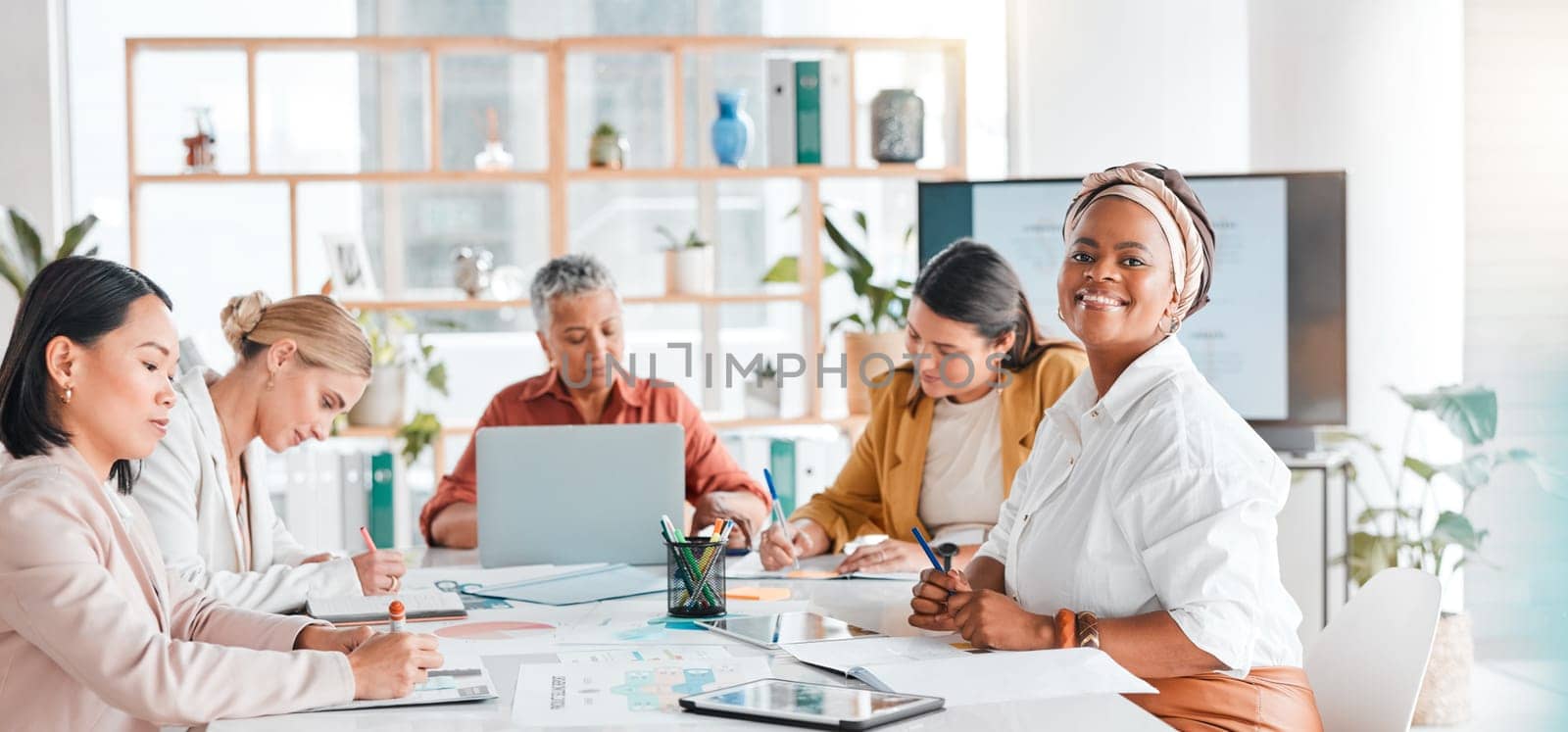 Happy black woman, leadership or business in meeting for teamwork, diversity or research with smile. Manager, employee leader or girl worker portrait with success, motivation or planning mission goal.