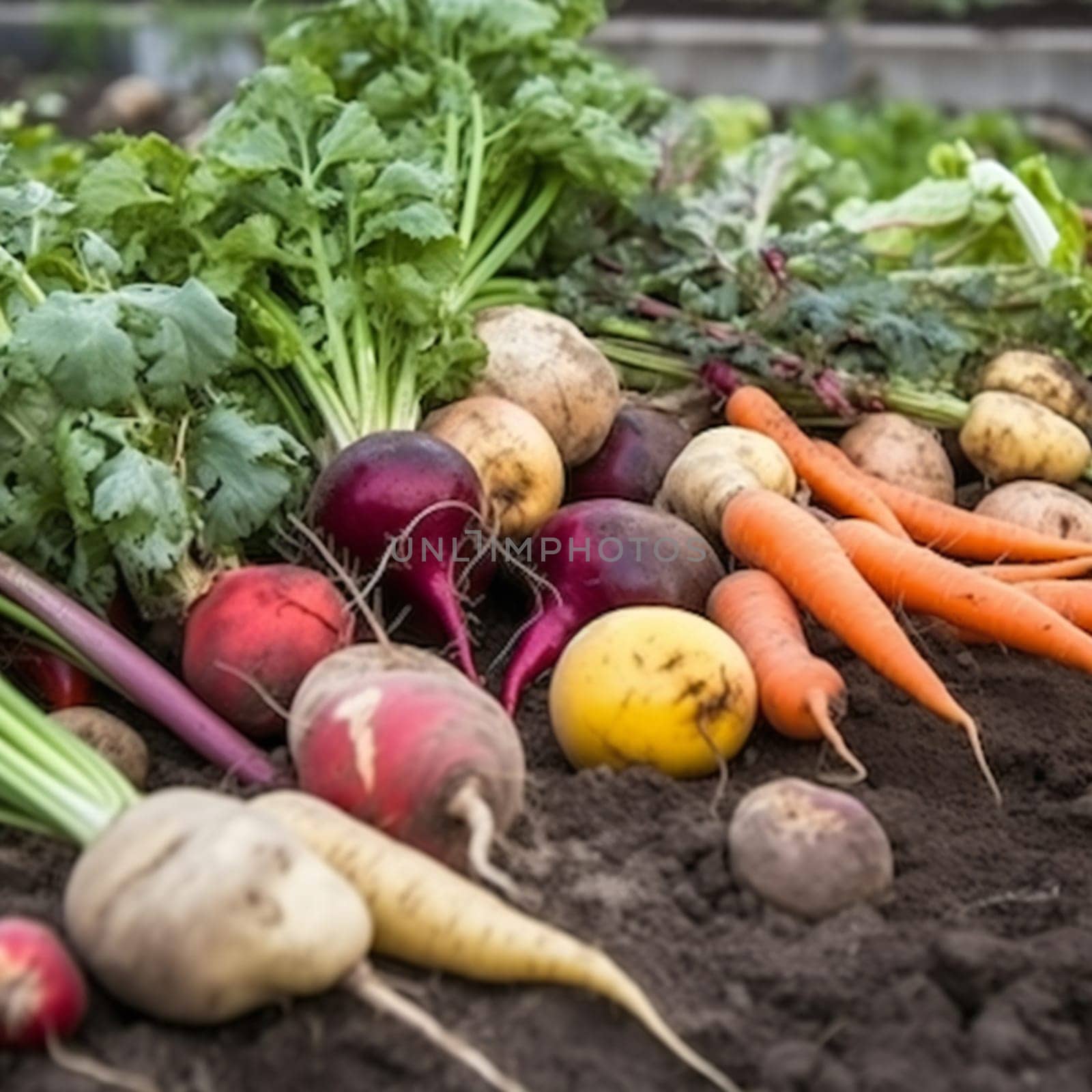 Bunch of organic beetroot and carrot, freshly harvested potato on soil in garden. Autumn harvest of vegetables, farming