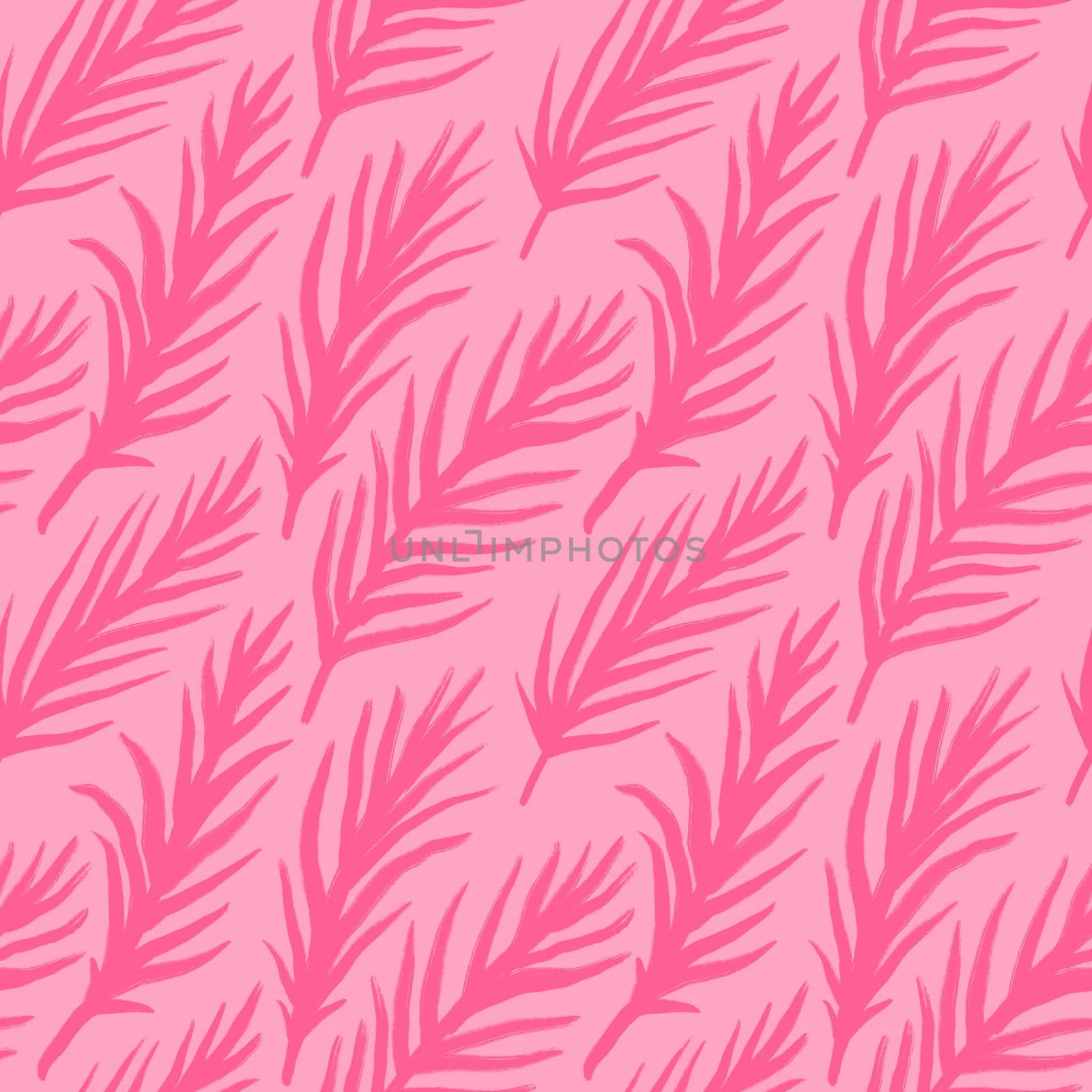 Hand drawn seamless pattern with pink palm leaves monstera leaf, beige baby girl fabric print. Tropical jungle holiday vacation design, cute summer plant nature