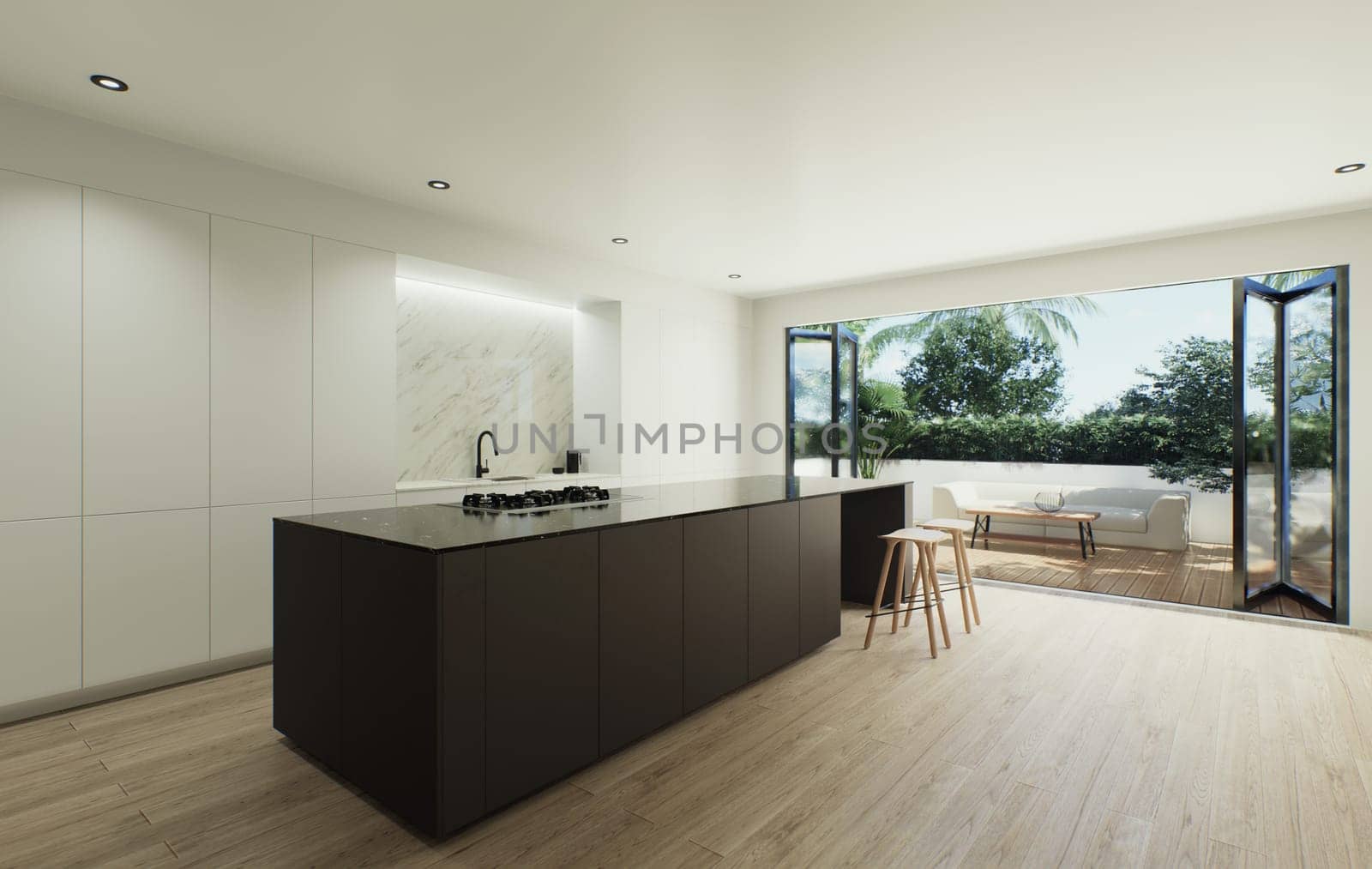 Design 3d visualization of the interior is made in a strict minimalistic style. Large dark kitchen island with large panoramic window and minimalist kitchen cabinets using wood and marble materials.