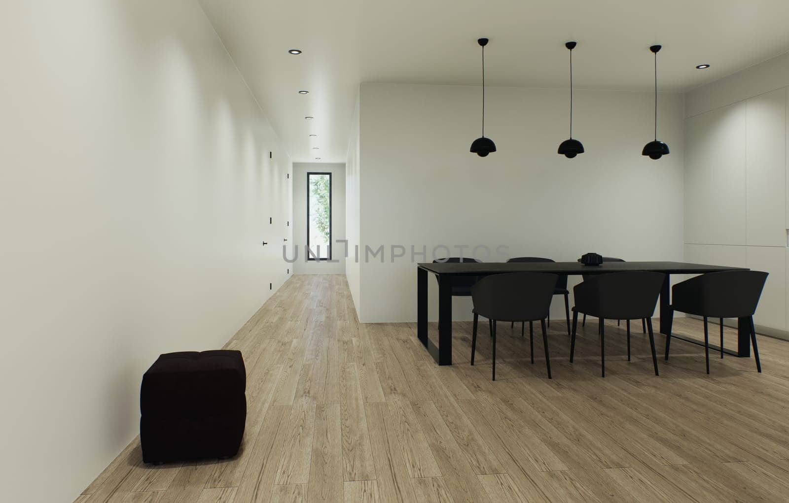 Design 3d visualization of the interior is made in a strict minimalistic style. Dining black table with chairs against a light wall.