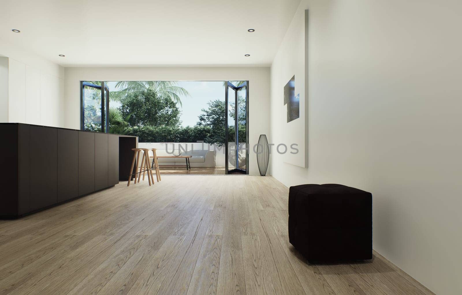 Design 3d visualization of the interior is made in a strict minimalistic style. Large dark kitchen island with large panoramic window and minimalist kitchen cabinets using wood and marble materials.