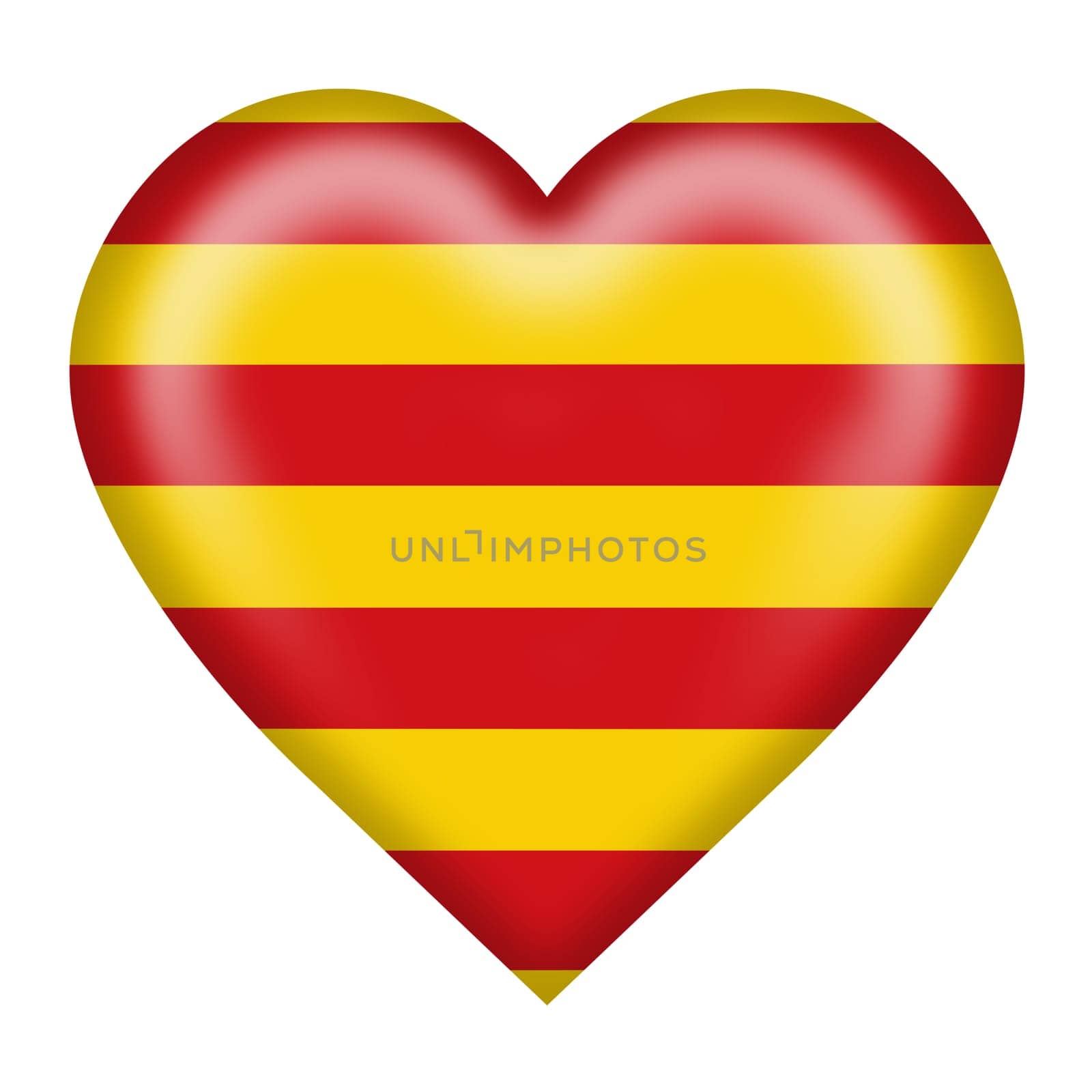 A Catalonia flag heart button isolated on white with clipping path 3d illustration