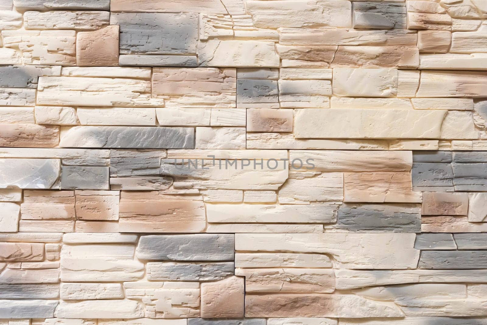 ingots, bars, blocks, brick of white beige grey brown decorative stones, tiles lay one on another, in appropriate manner, modern interior, facade. Pattern, background, original look. Horizontal.