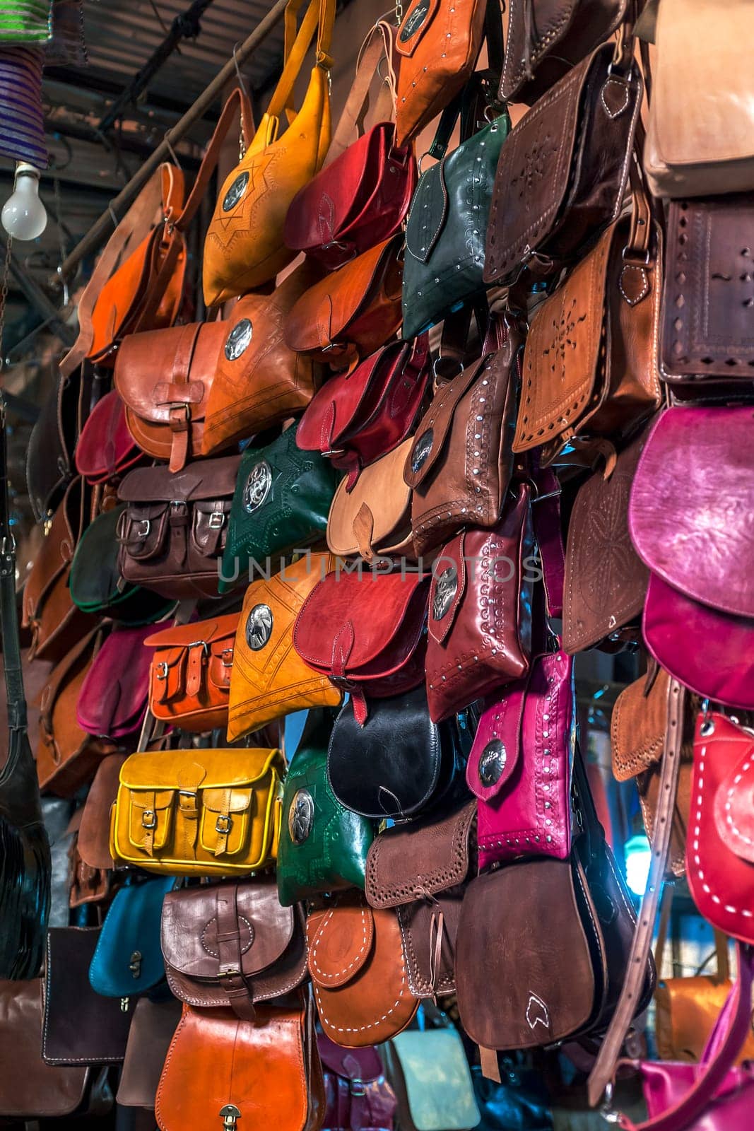 Handmade leather bags for sale in the Medina of Marrakech, Morocco