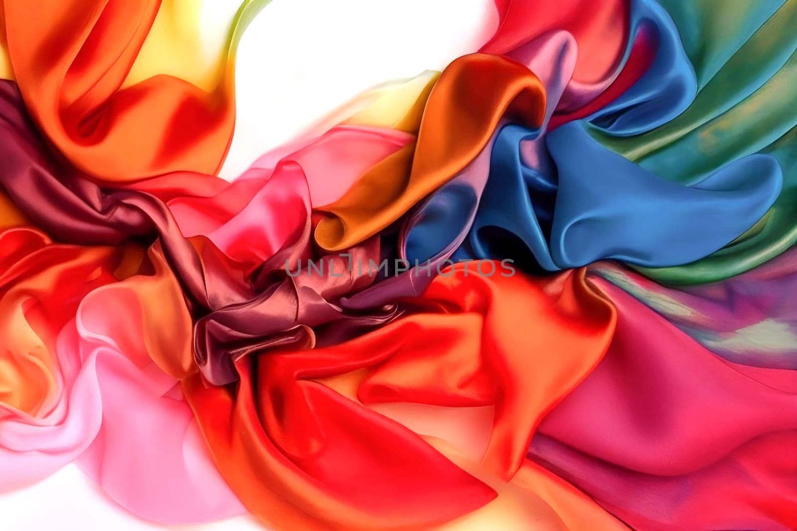 Multicolored Silk Chiffon Background with Wavy Satin Folds. Orange Pink Magenta Blue Green Design Element for Banner, Wallpaper, Poster, Cover. Generative AI Illustration.
