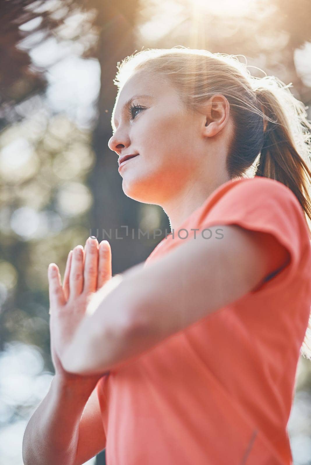Woman, yoga and meditation with prayer pose, namaste and fitness outdoor with wellness, spiritual and low angle. Female person meditate, zen and exercise with healing, mindfulness and praying by YuriArcurs