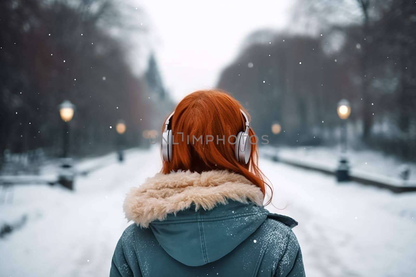 Red hear Girl in a busy winter town or city street listens to music in wireless headphones. Girl no face visible on the background of winter park