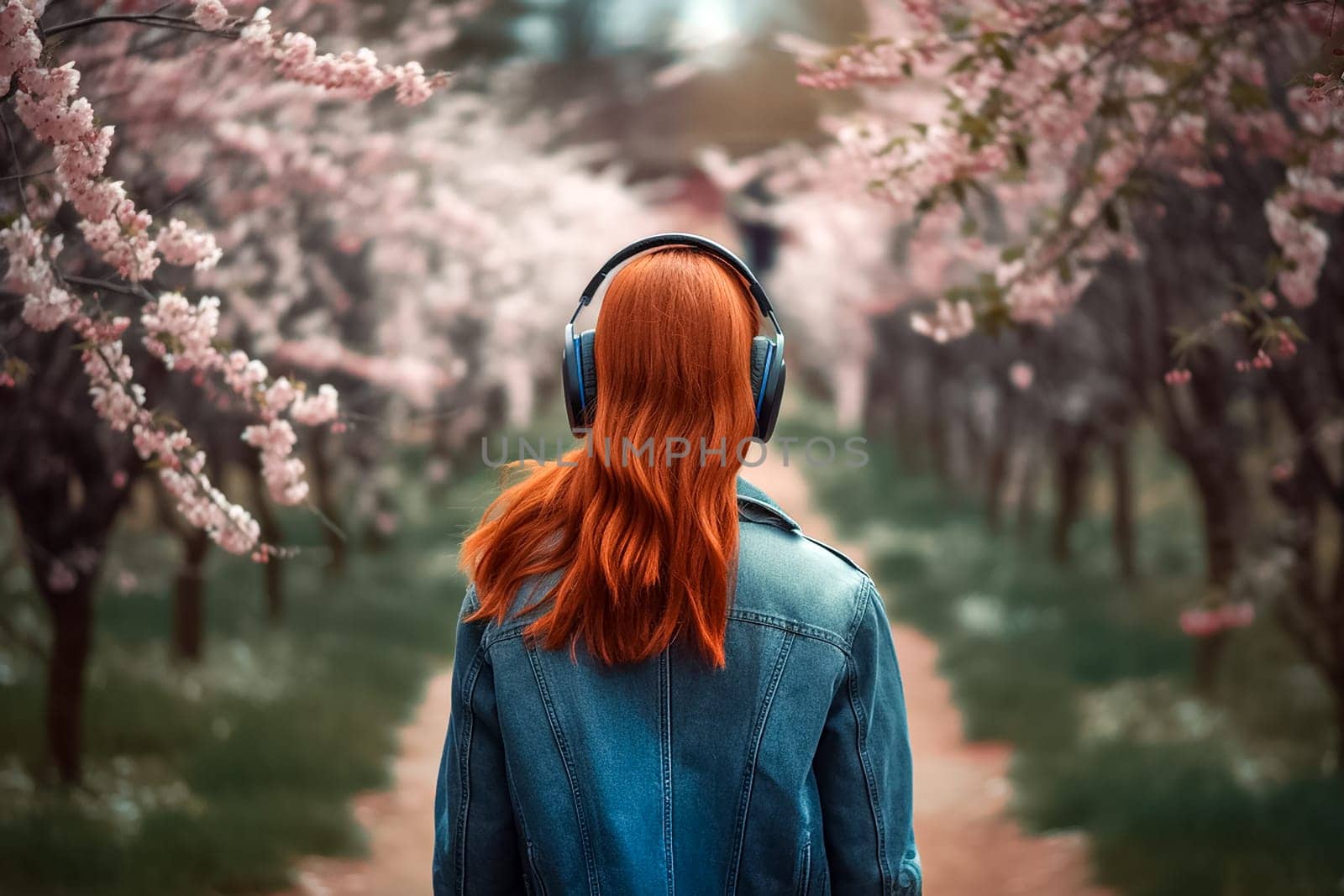 Red Hear Girl in a busy spring town or city street listens to music in wireless headphones. Girl no face visible on the background of spring flowering park.