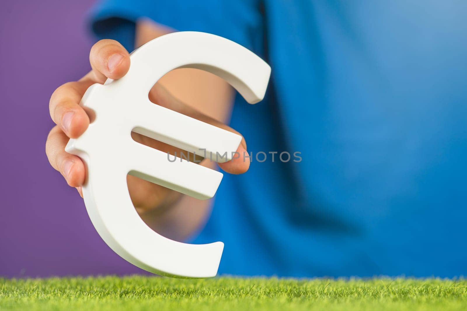 Recession or crisis in Europe. The concept of growth or fall of the economy in Europe. Euro sign in hand on a purple background. by SERSOL