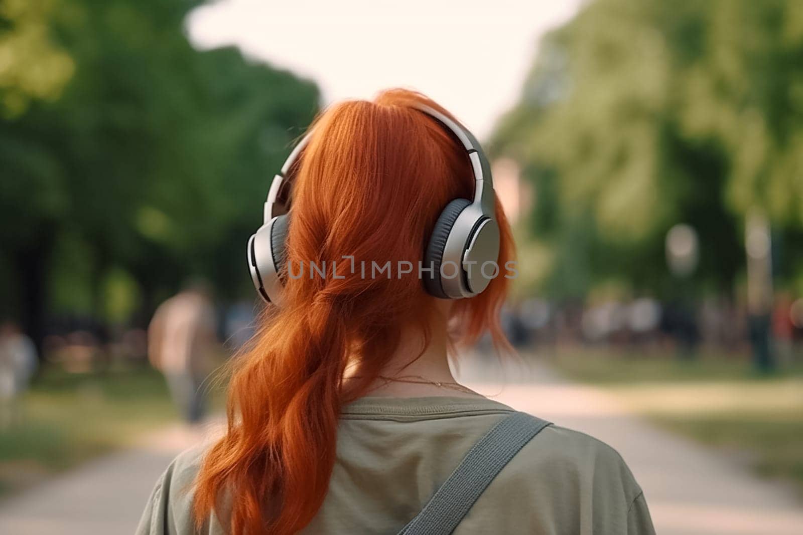 Red Hear Girl in a busy summer town or city street listens to music in wireless headphones. Girl no face visible on the background of summer green park. by esvetleishaya
