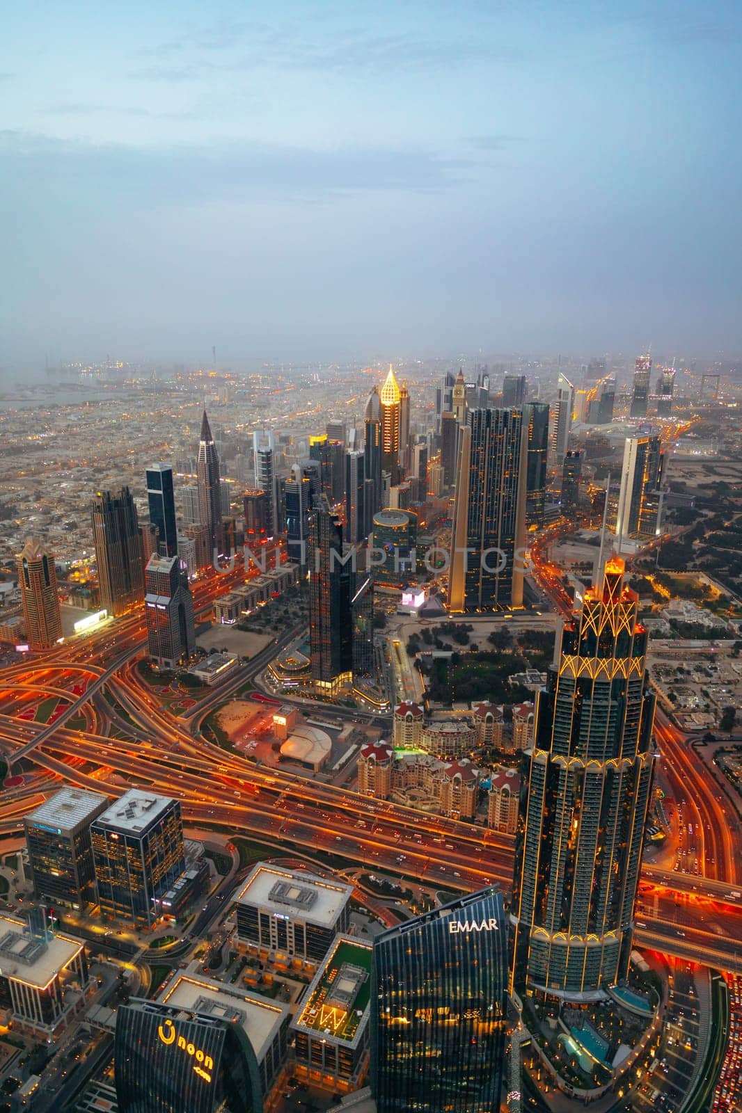 DUBAI, UAE - MARCH, 2021: At the top of Burj Khalifa, cityscape of Dubai by Fabrikasimf