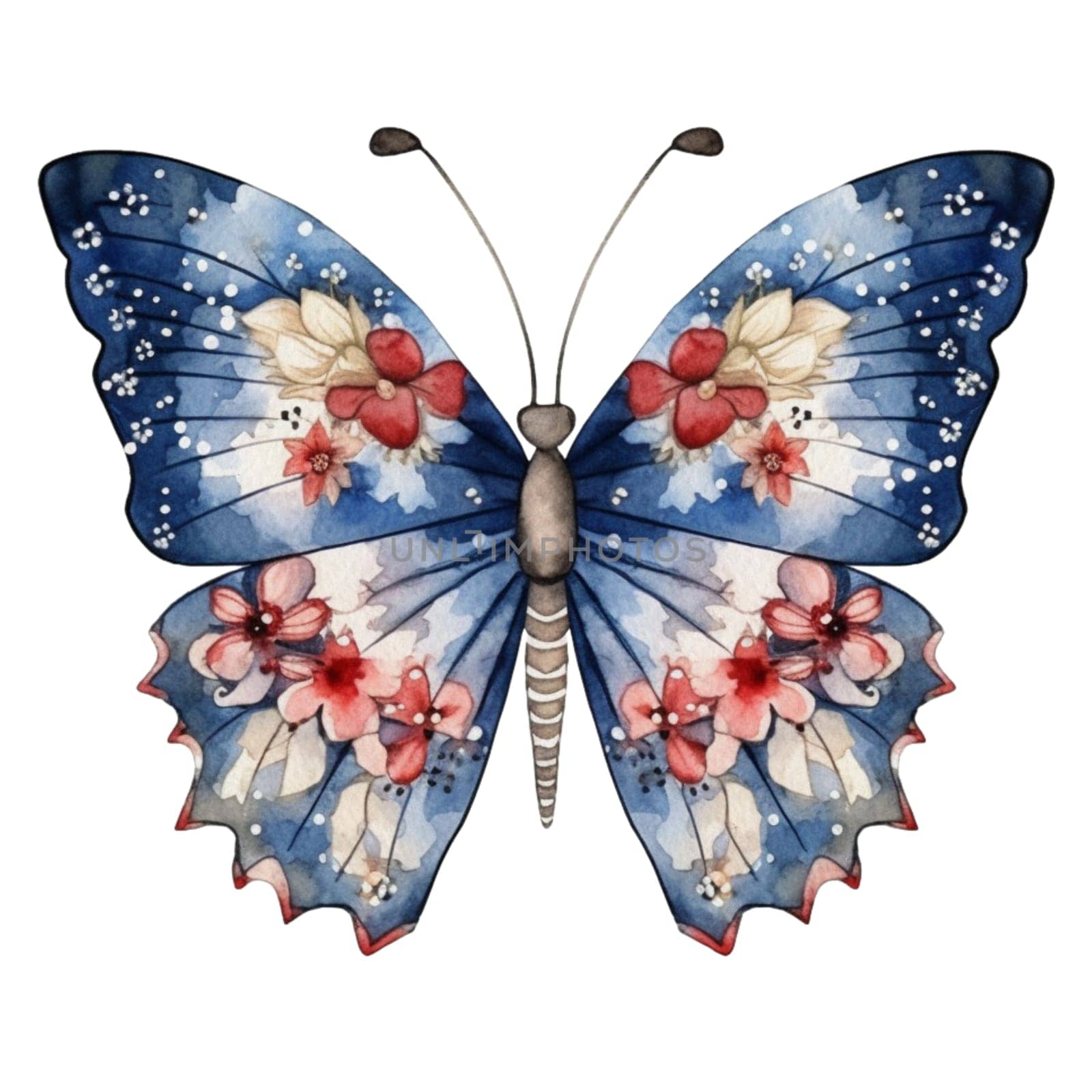 Watercolor Patriotic Butterfly 4th of July Illustration Clipart. Isolated butterfly on white background. by Skyecreativestudio