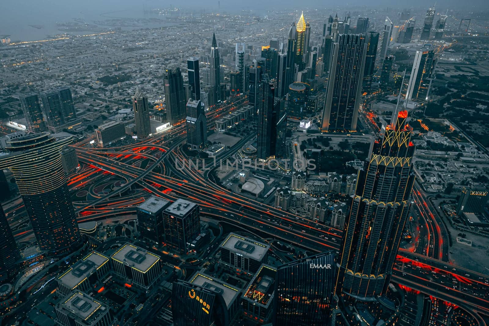 DUBAI, UAE - MARCH, 2021: At the top of Burj Khalifa, cityscape of Dubai, UAE