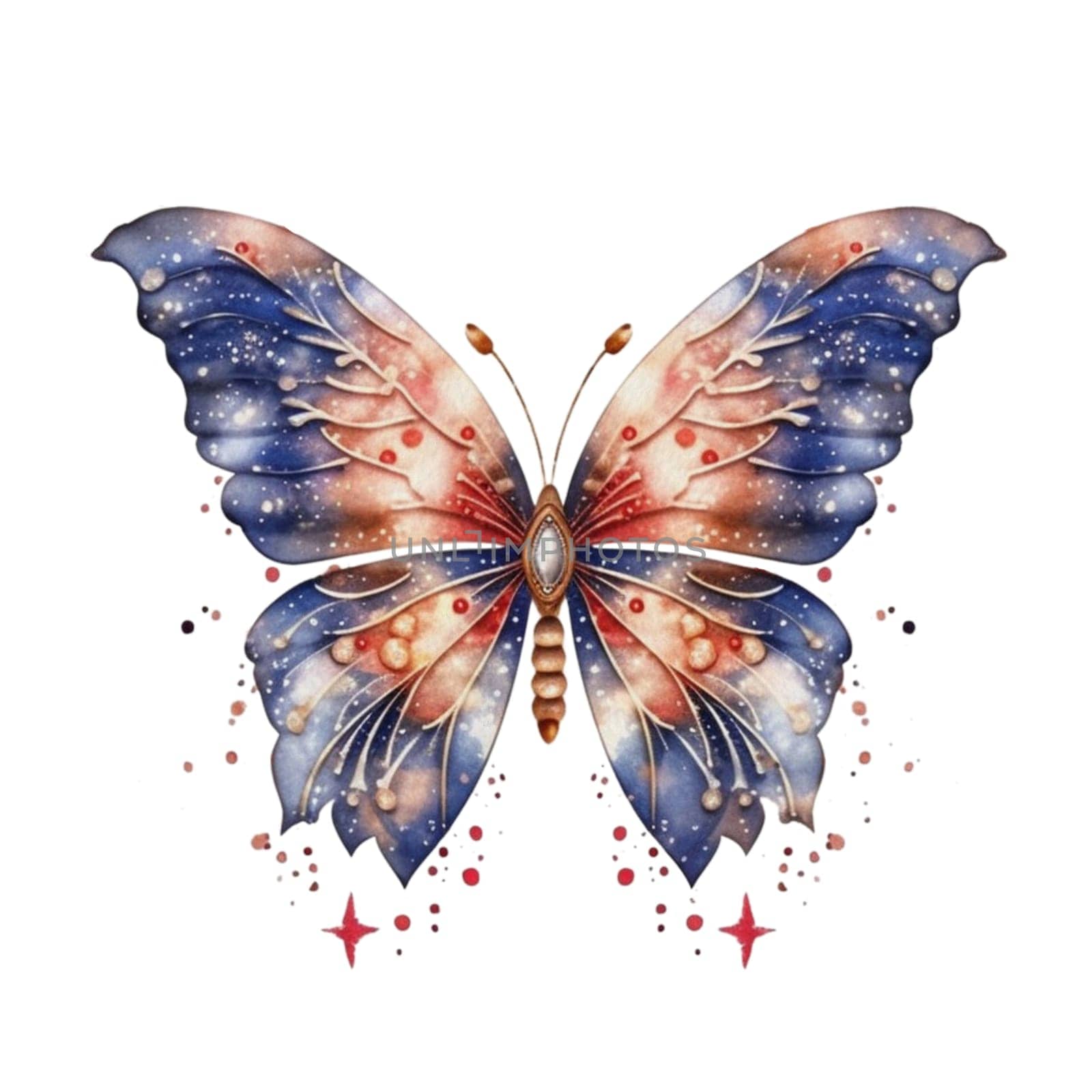 Watercolor Patriotic Butterfly 4th of July Illustration Clipart. Isolated butterfly on white background. by Skyecreativestudio