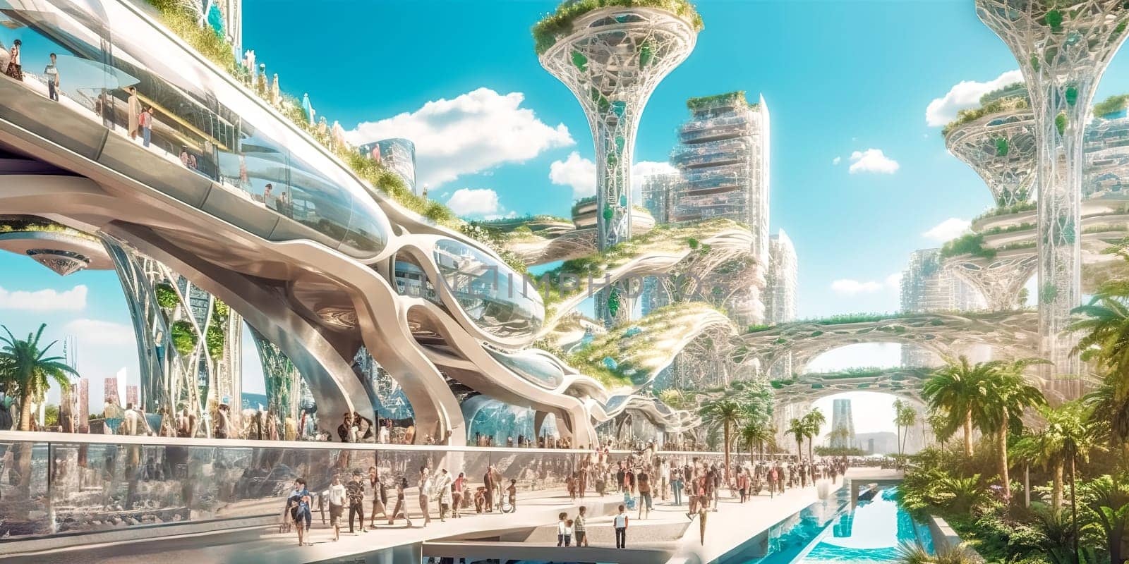 fantasy city of the future with buildings, plants and a river, made with Generative AI by Edophoto