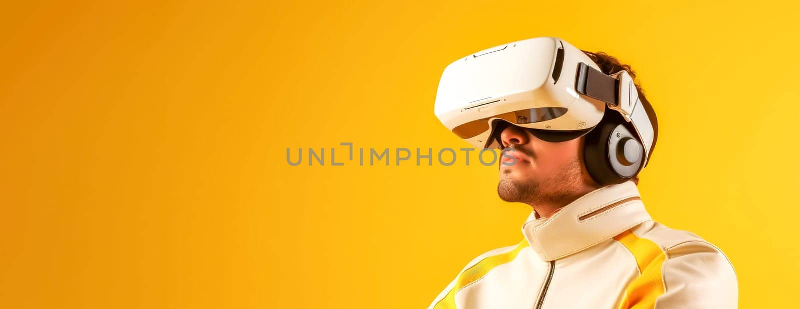 a man in a VR headset watches virtual reality, yellow banner with copy space, made with Generative AI. High quality illustration
