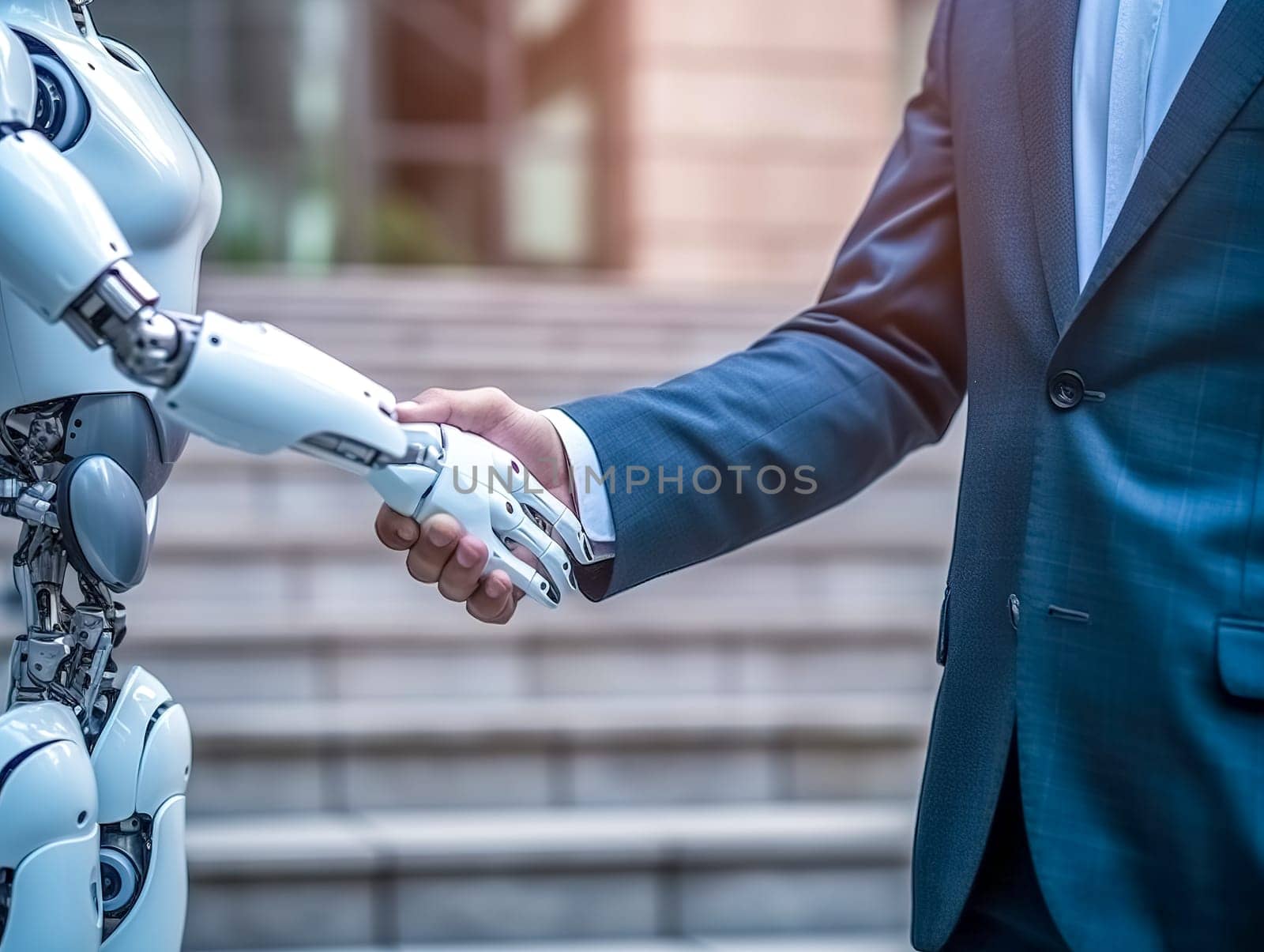 robot and man shaking hands, people and technology, made with Generative AI. High quality illustration