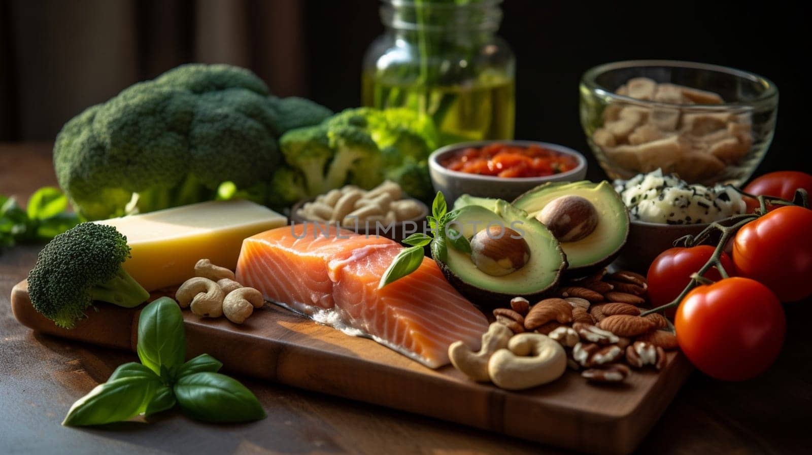 Balanced nutrition concept for clean eating flexitarian mediterranean diet, keto, ketogenic on a wooden kitchen table. Ai Generative