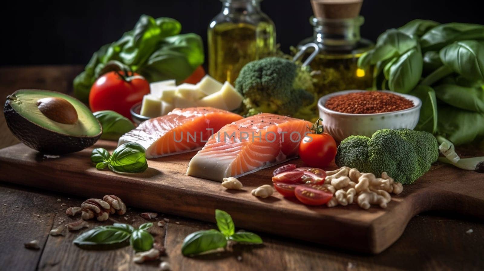 Balanced nutrition concept for clean eating flexitarian mediterranean diet, keto, ketogenic on a wooden kitchen table. Ai Generative. by lucia_fox