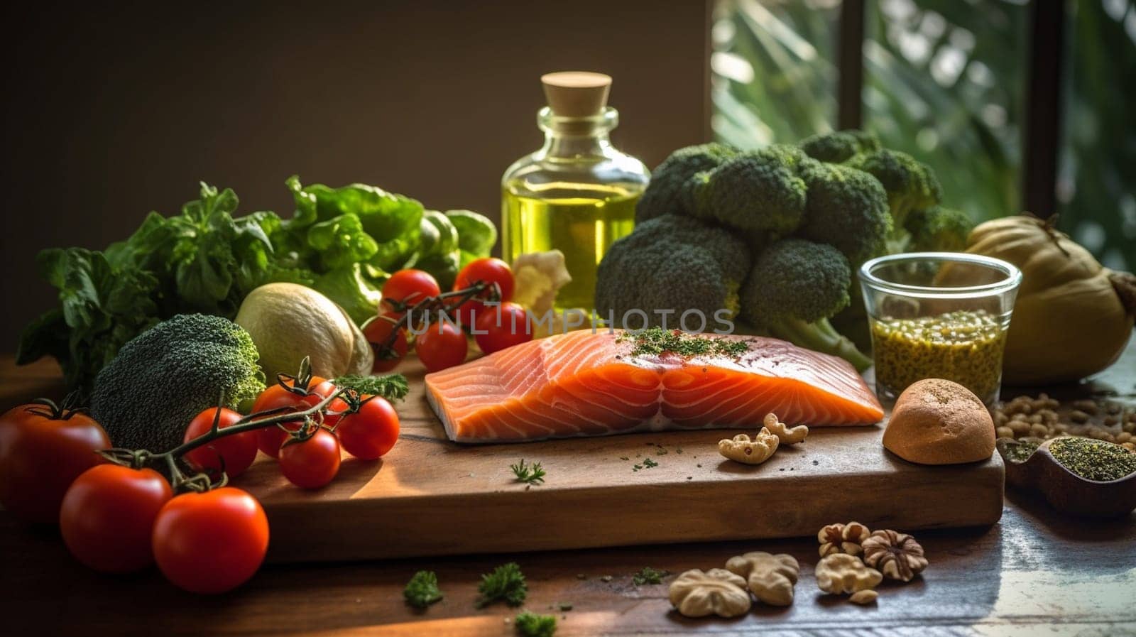 Balanced nutrition concept for clean eating flexitarian mediterranean diet, keto, ketogenic on a wooden kitchen table. Ai Generative