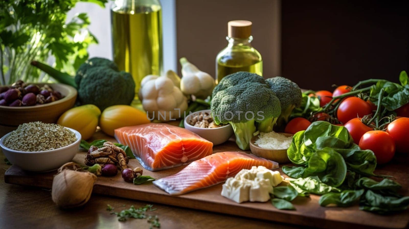 Balanced nutrition concept for clean eating flexitarian mediterranean diet, keto, ketogenic on a wooden kitchen table. Ai Generative