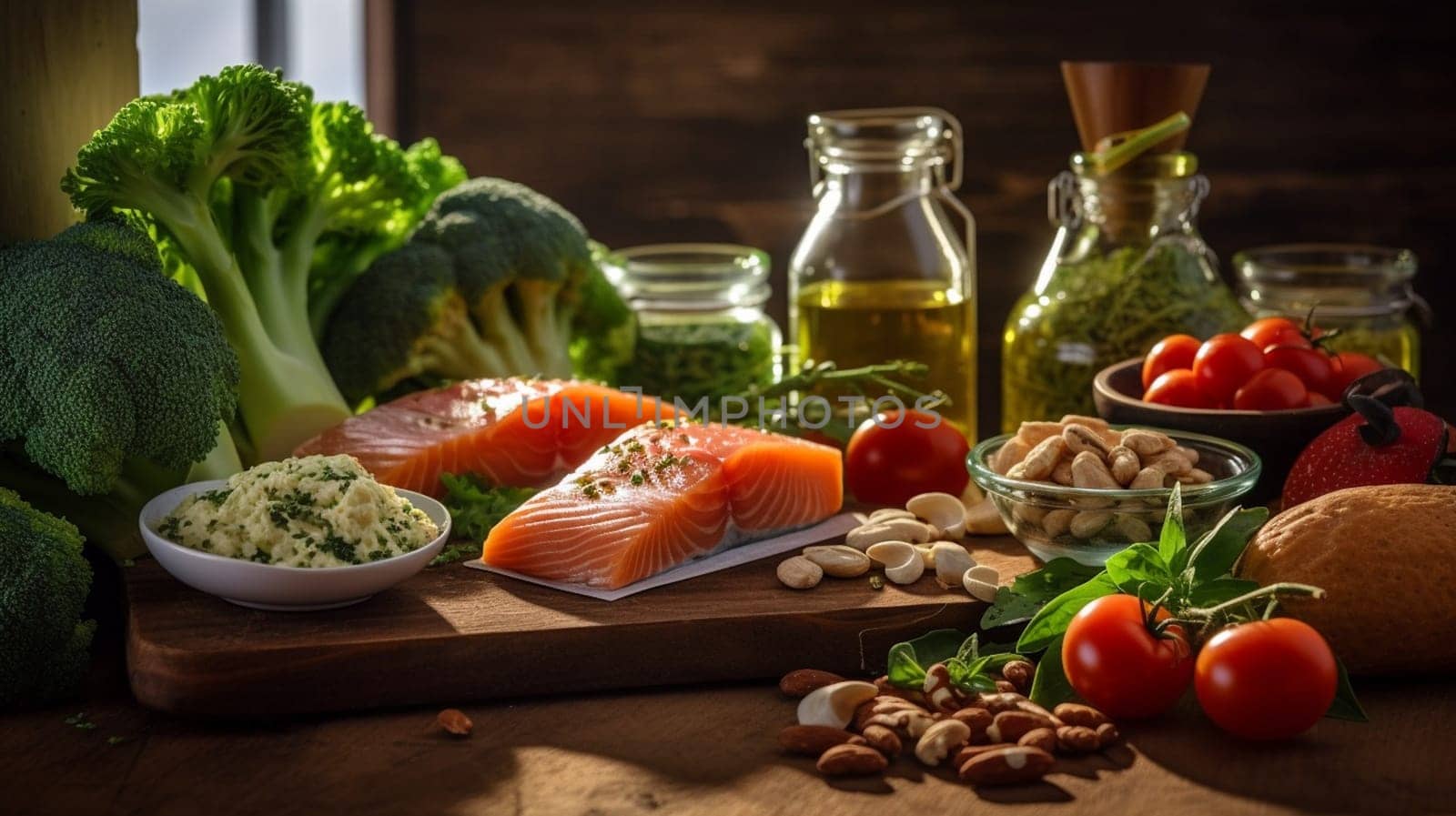 Balanced nutrition concept for clean eating flexitarian mediterranean diet, keto, ketogenic on a wooden kitchen table. Ai Generative