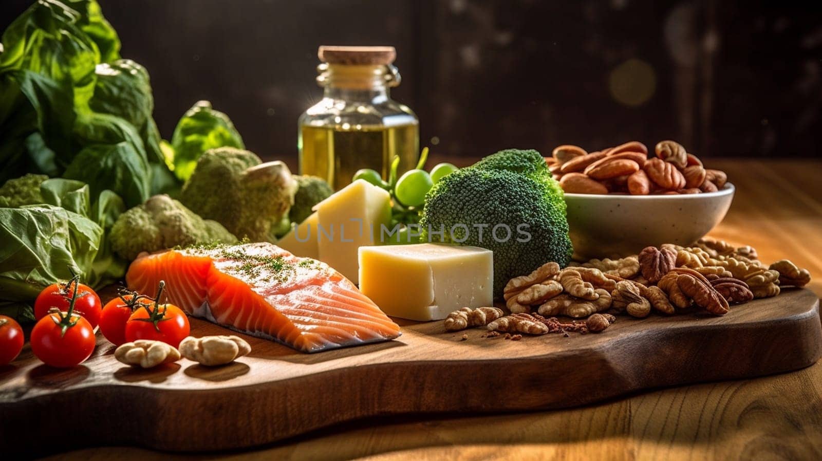 Balanced nutrition concept for clean eating flexitarian mediterranean diet, keto, ketogenic on a wooden kitchen table. Ai Generative