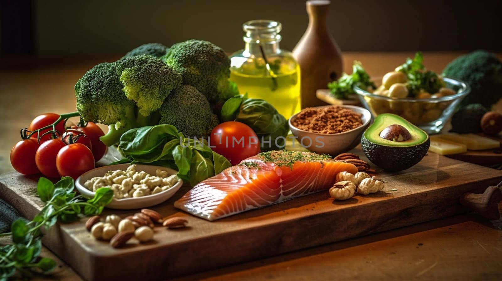 Balanced nutrition concept for clean eating flexitarian mediterranean diet, keto, ketogenic on a wooden kitchen table. Ai Generative