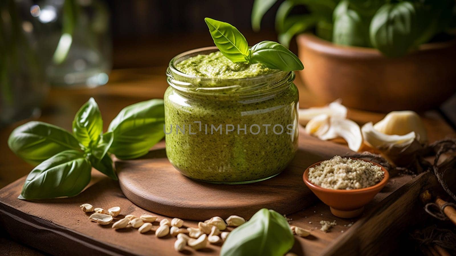 basil pesto sauce and ingredients for pesto on wooden background. Ai Generative