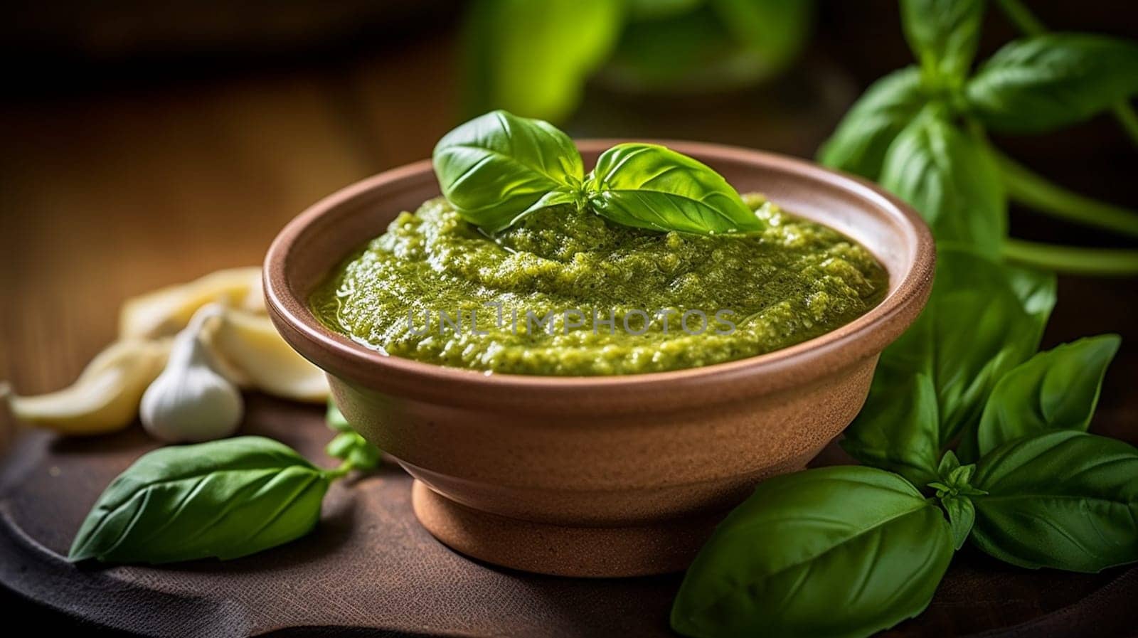 basil pesto sauce and ingredients for pesto on wooden background. Ai Generative