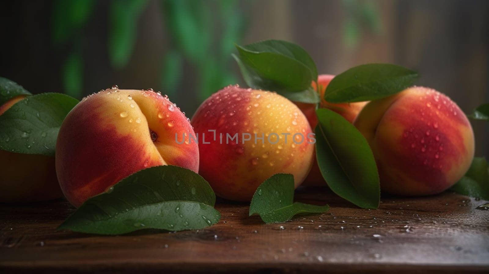 Peaches on a black background. Sweet and juicy peach slices with a stone. Ai Generative.