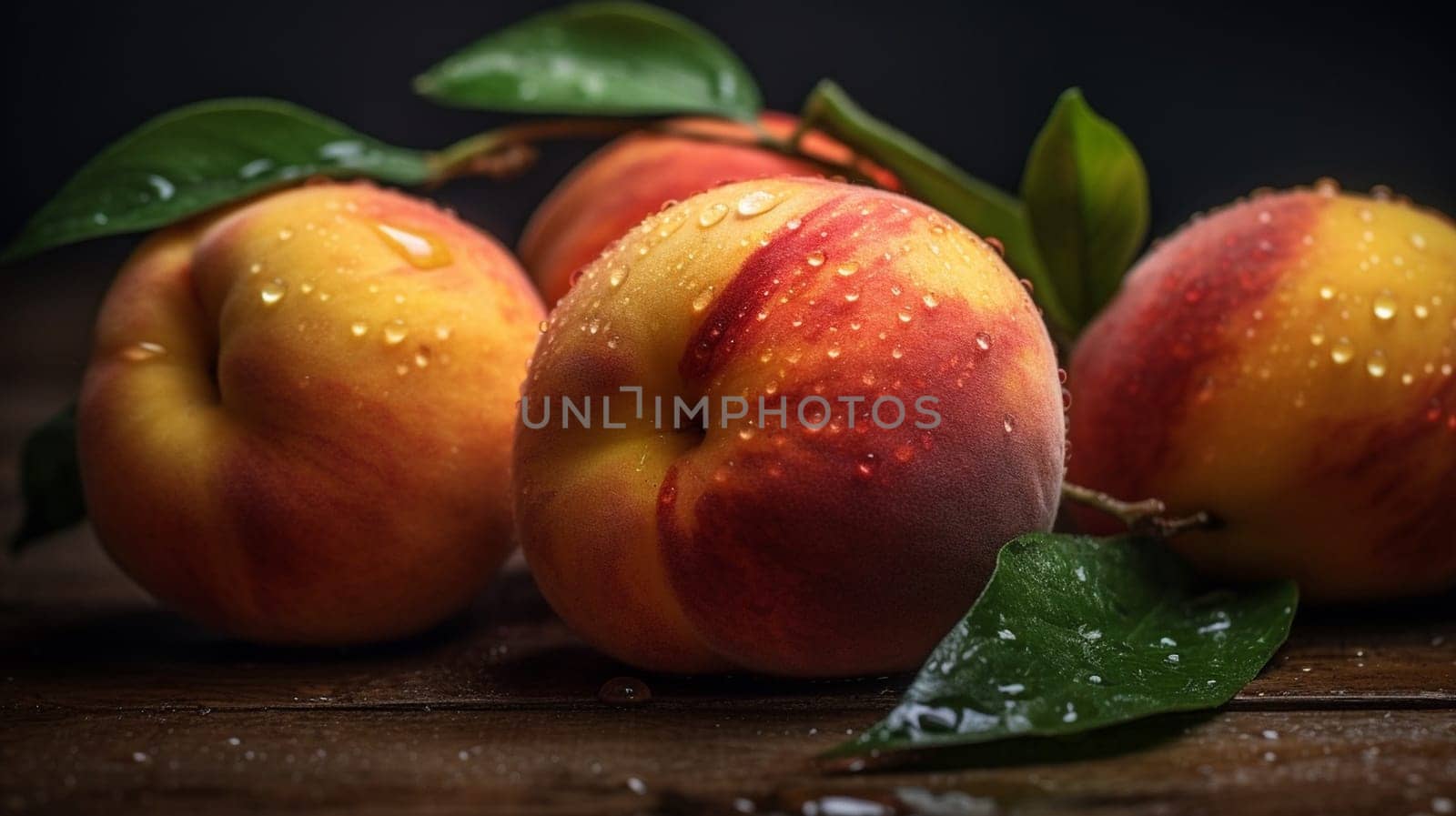 Peaches on a black background. Sweet and juicy peach slices with a stone. Ai Generative.