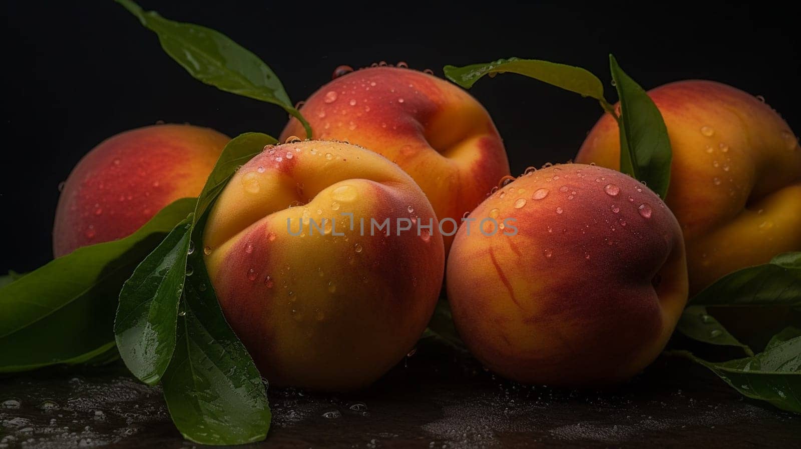 Peaches on a black background. Sweet and juicy peach slices with a stone. Ai Generative by lucia_fox