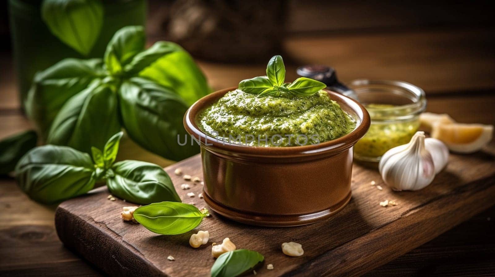 basil pesto sauce and ingredients for pesto on wooden background. Ai Generative