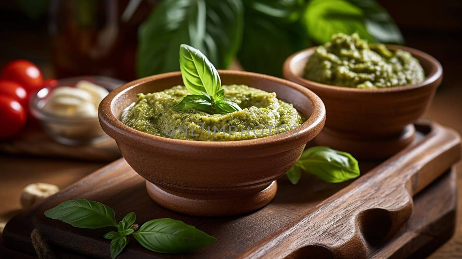 basil pesto sauce and ingredients for pesto on wooden background. Ai Generative. by lucia_fox