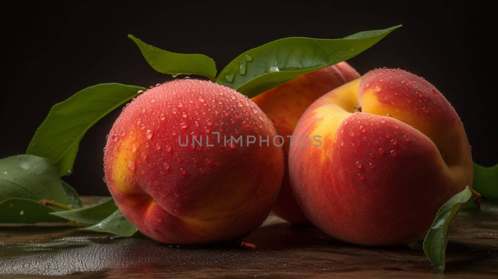 Peaches on a black background. Sweet and juicy peach slices with a stone. Ai Generative.