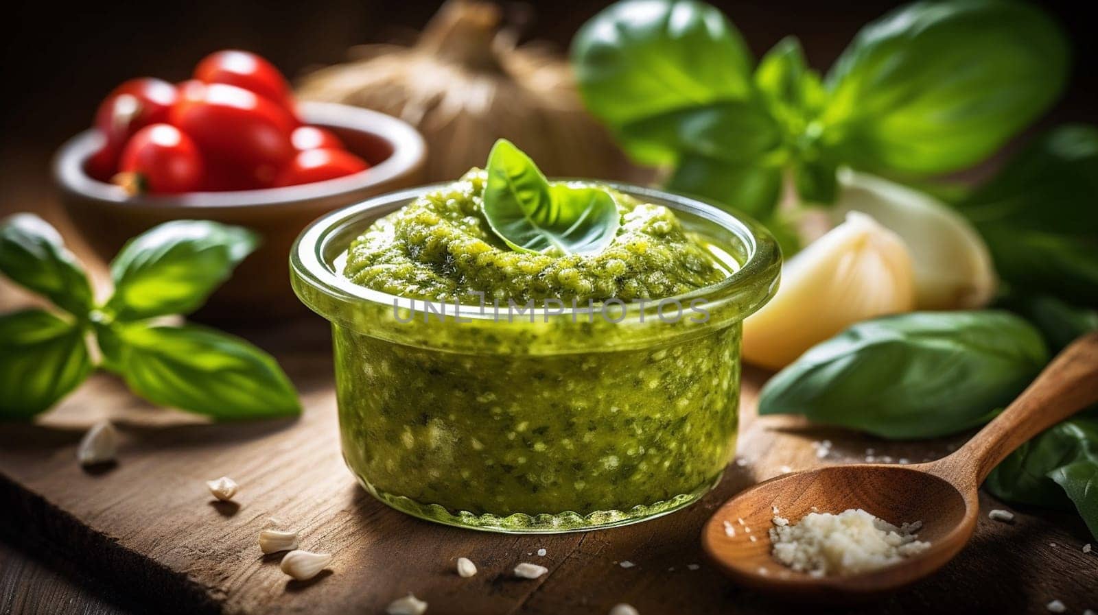 basil pesto sauce and ingredients for pesto on wooden background. Ai Generative. by lucia_fox