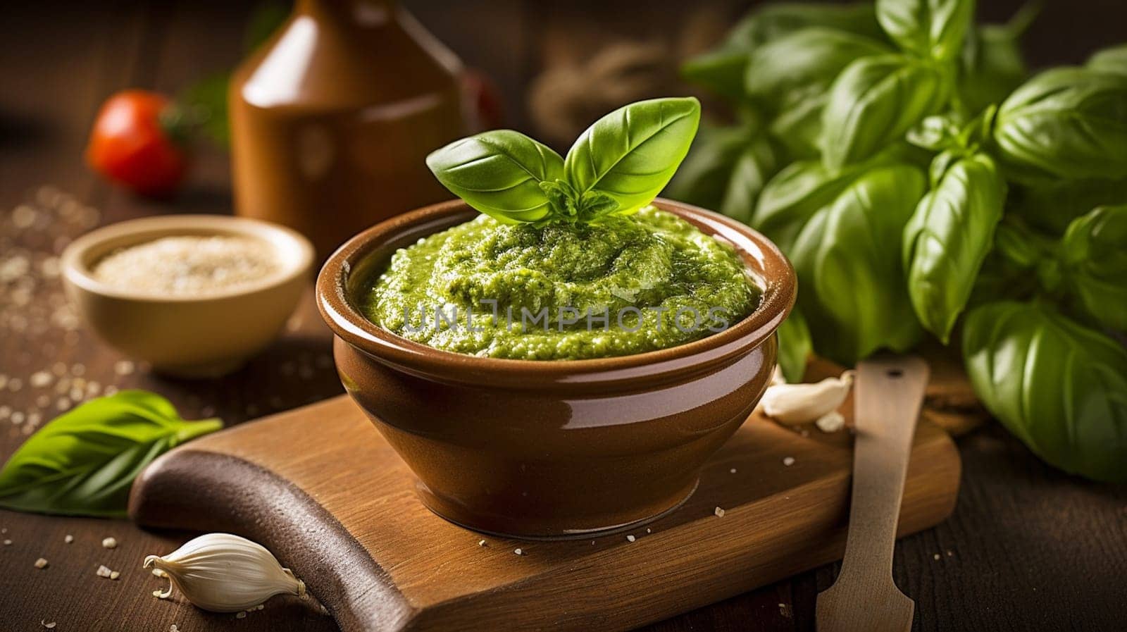 basil pesto sauce and ingredients for pesto on wooden background. Ai Generative. by lucia_fox