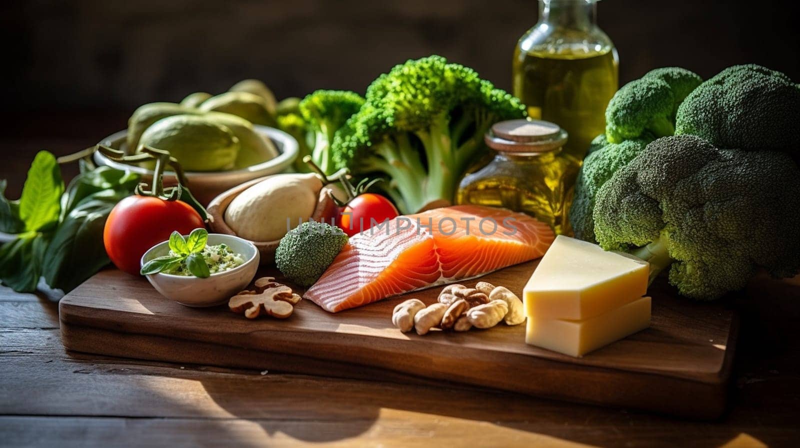 Balanced nutrition concept for clean eating flexitarian mediterranean diet, keto, ketogenic on a wooden kitchen table. Ai Generative