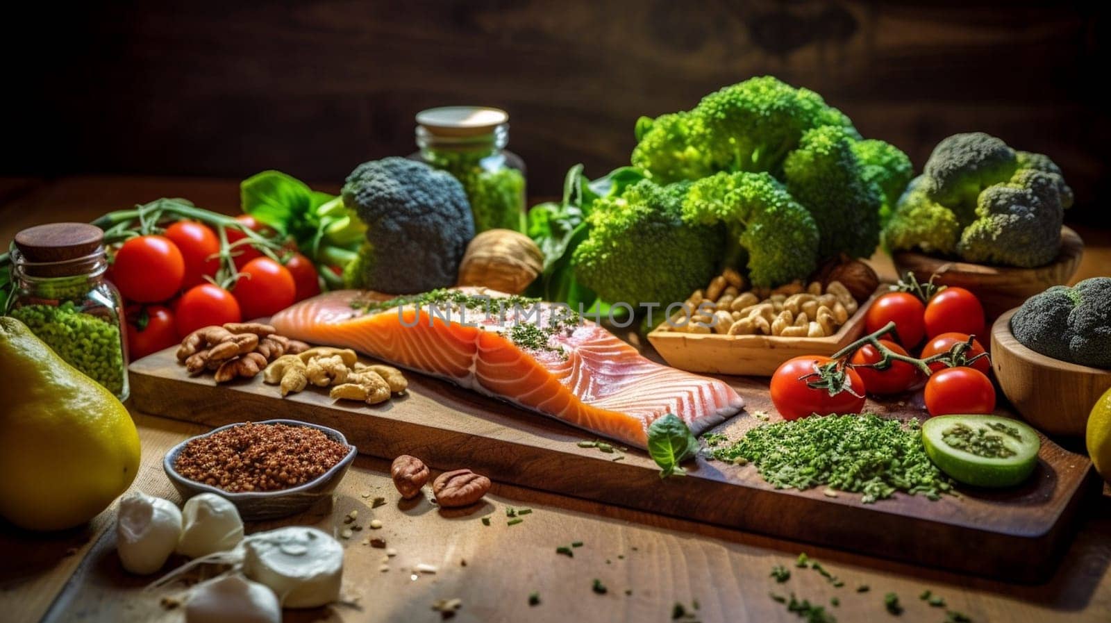 Balanced nutrition concept for clean eating flexitarian mediterranean diet, keto, ketogenic on a wooden kitchen table. Ai Generative