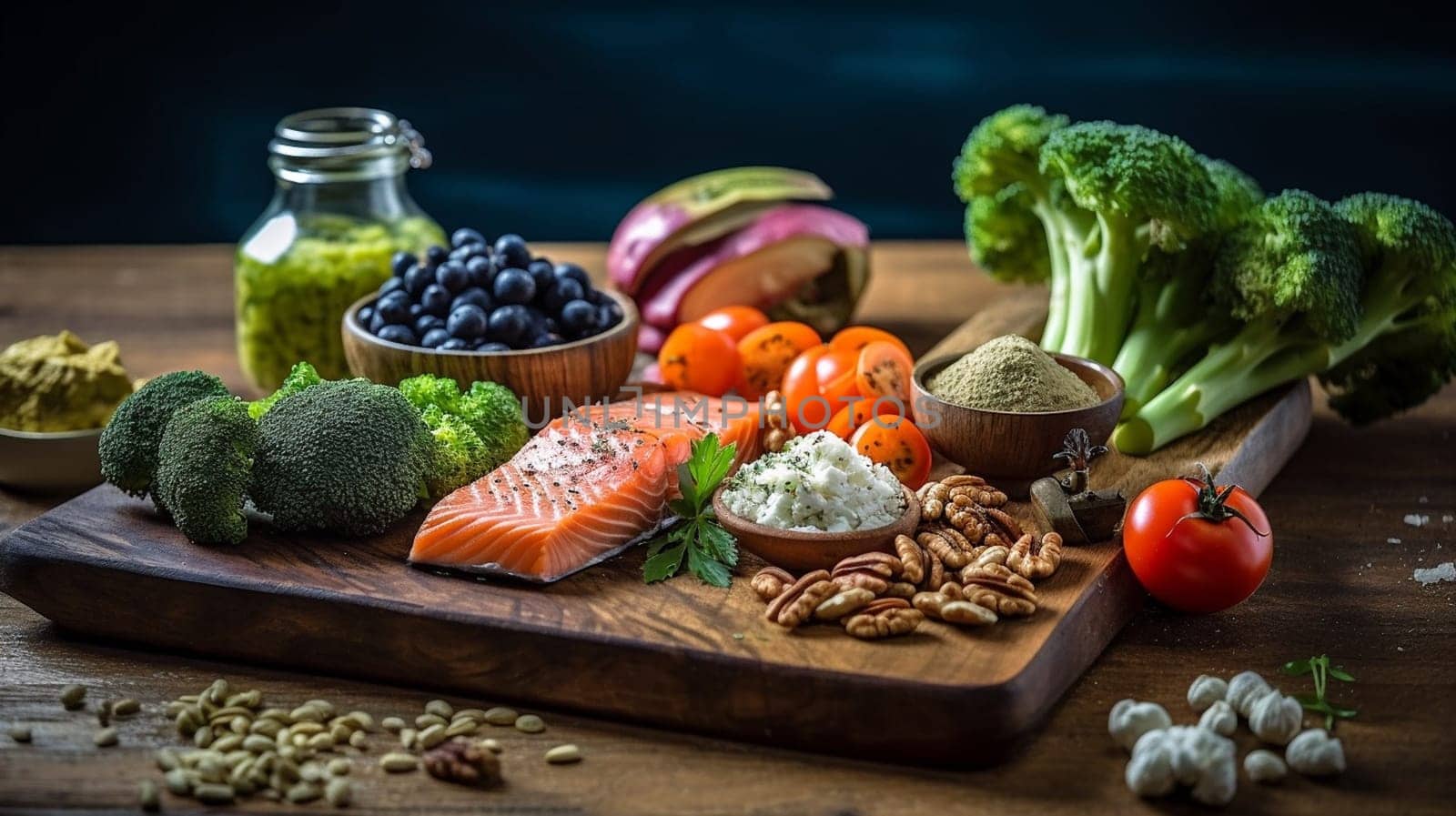 Balanced nutrition concept for clean eating flexitarian mediterranean diet, keto, ketogenic on a wooden kitchen table. Ai Generative