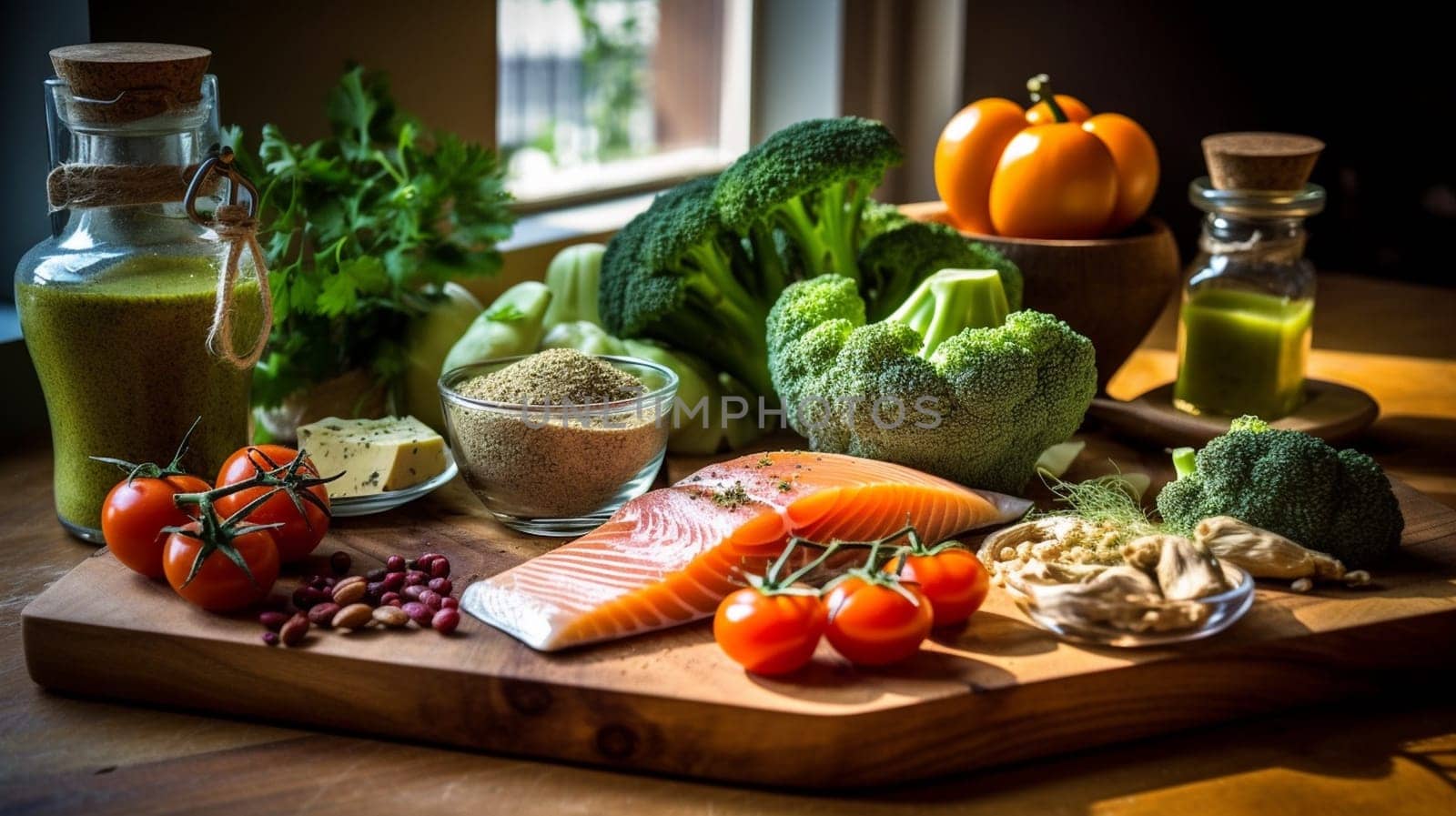 Balanced nutrition concept for clean eating flexitarian mediterranean diet, keto, ketogenic on a wooden kitchen table. Ai Generative