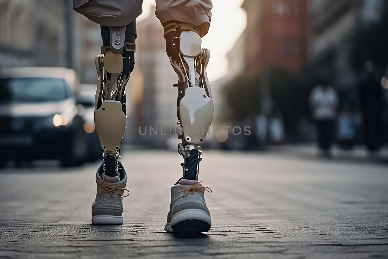 A man on prosthetic legs moves around the city. Inclusiveness of society for disabled children and war veterans. by esvetleishaya