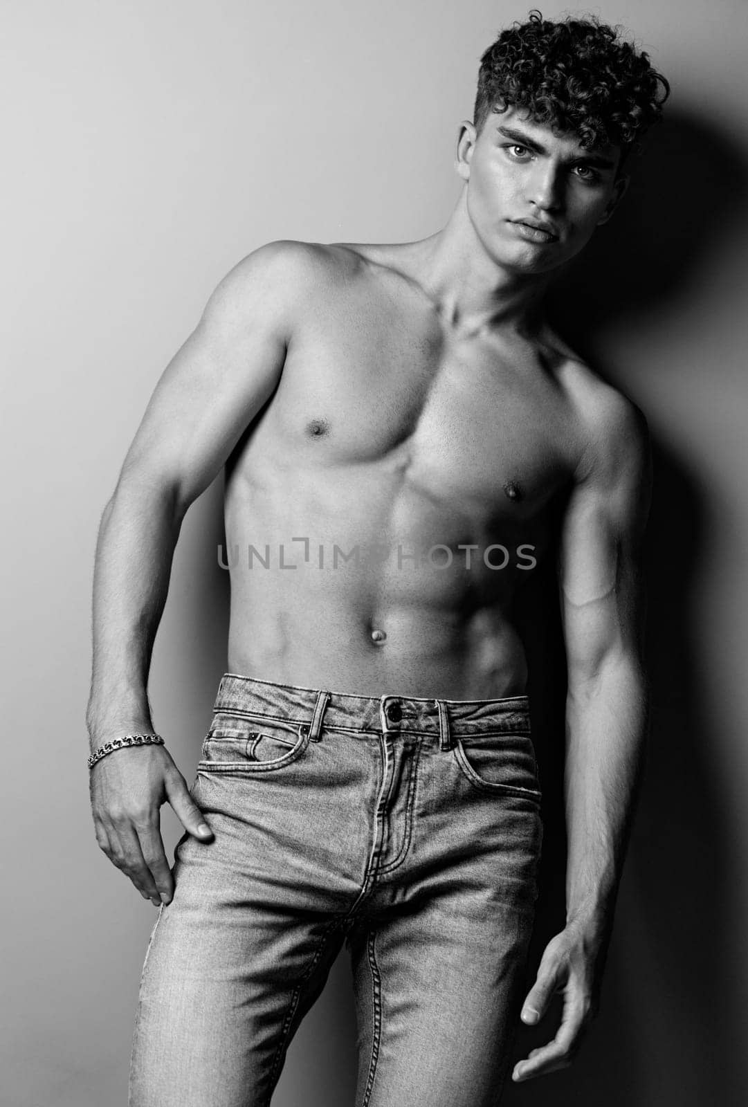 man muscular black and white studio shirtless stylish fit sexy strength trendy naked trend by SHOTPRIME