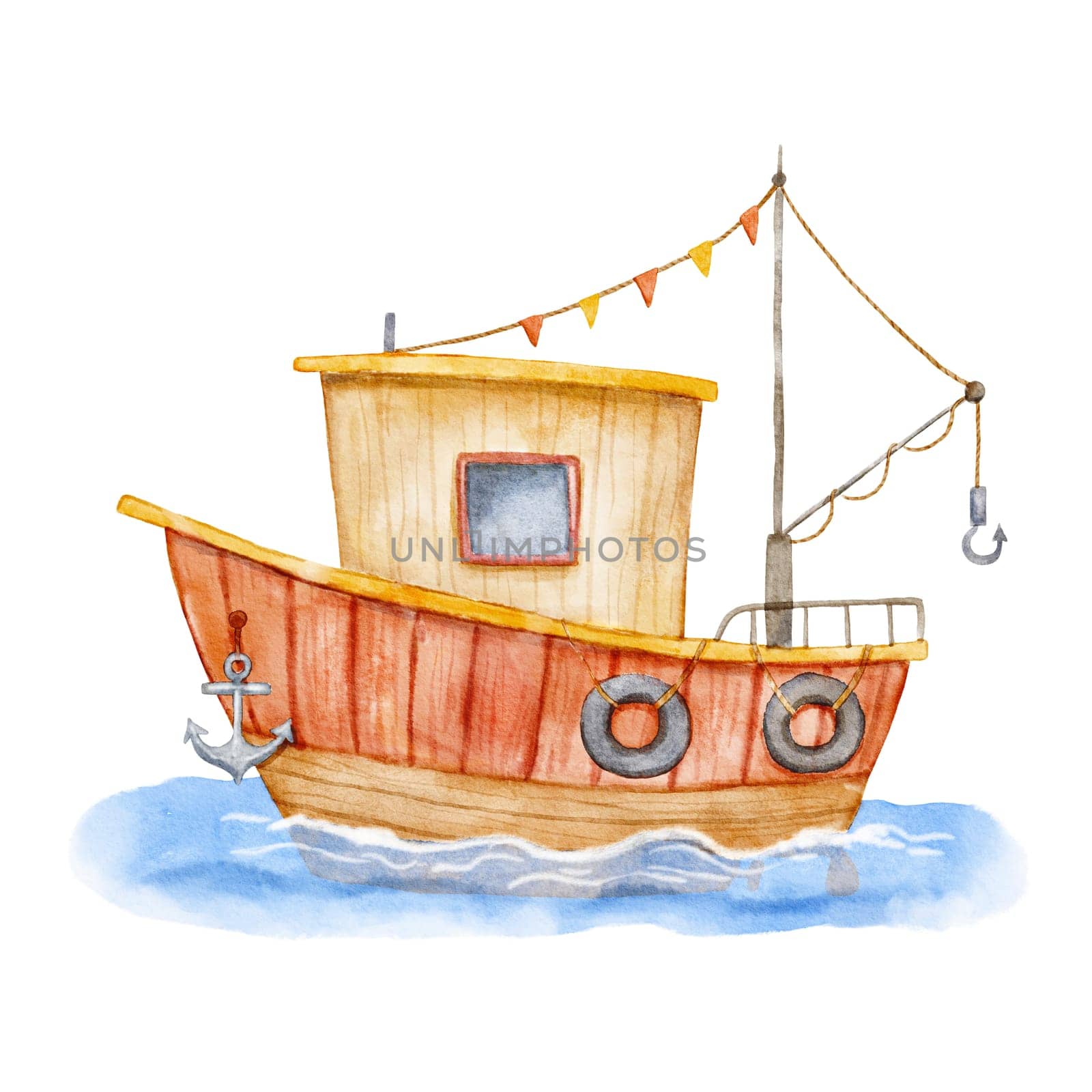 Cute watercolor fishing boat illustration isolated on white. Funny ship sailing on sea by ElenaPlatova