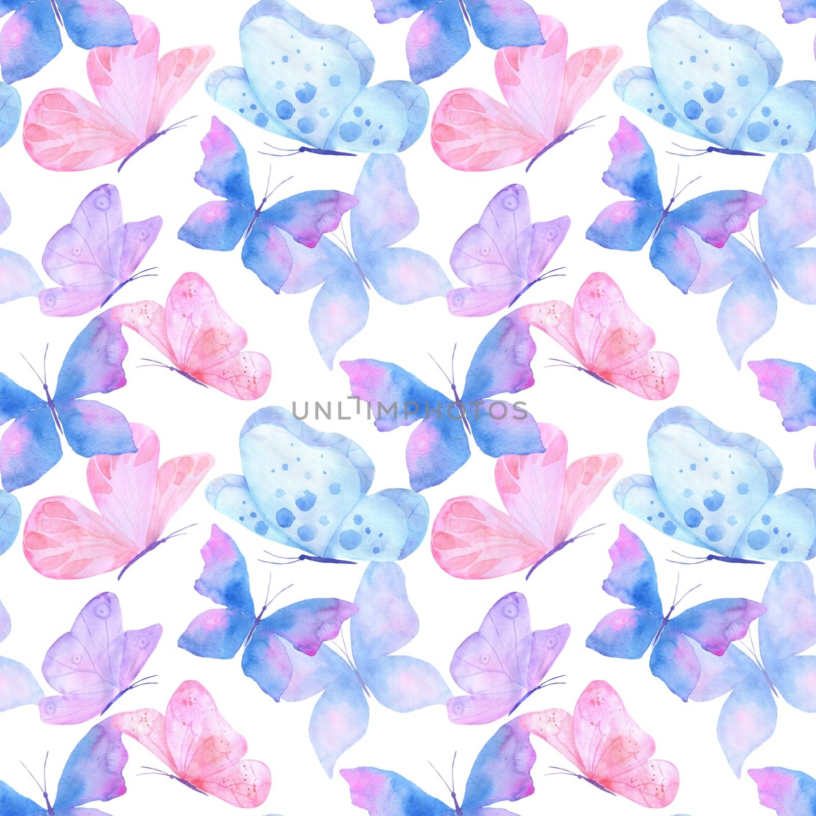 Bright seamless pattern of butterflies. Purple and pink print for wallpaper, clothes, layouts and design. Watercolor butterfly on white